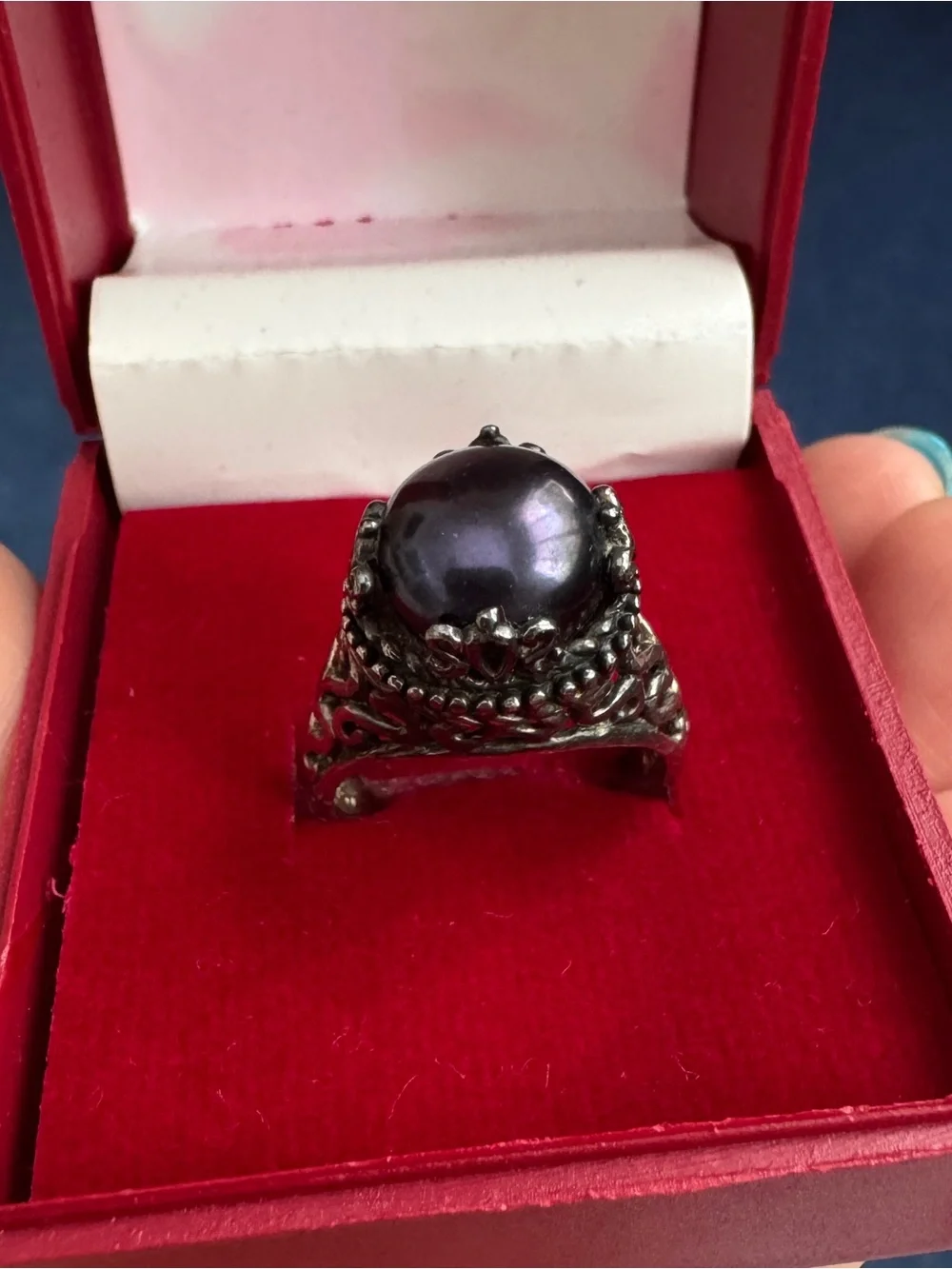 CFJ Black Cultured Freshwater Pearl Sterling Silver Ring Size 7